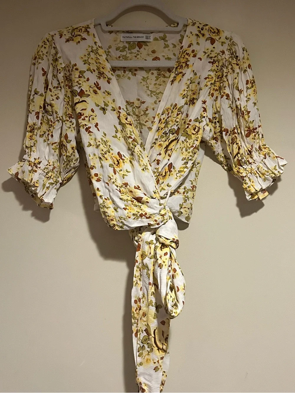 Faithfull the Brand White and Yellow Floral Wrap Top Sz 6
